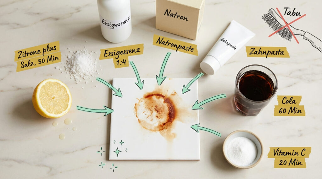 Rostflecken auf Fliesen entfernen &ndash; sechs Hausmittel im &Uuml;berblick: Zitrone mit Salz, Essigessenz, Natronpaste, Zahnpasta, Cola und Vitamin C