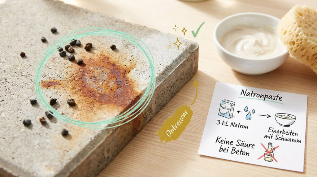 Rostflecken auf Betonfliesen entfernen mit Natronpaste &ndash; 3 EL Natron mit Wasser anr&uuml;hren und mit Schwamm einarbeiten, keine S&auml;ure bei Beton