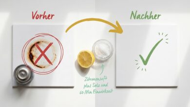 Rostflecken auf Fliesen entfernen – Vorher-Nachher-Vergleich einer weißen Fliese nach Behandlung mit Zitronensaft und Salz
