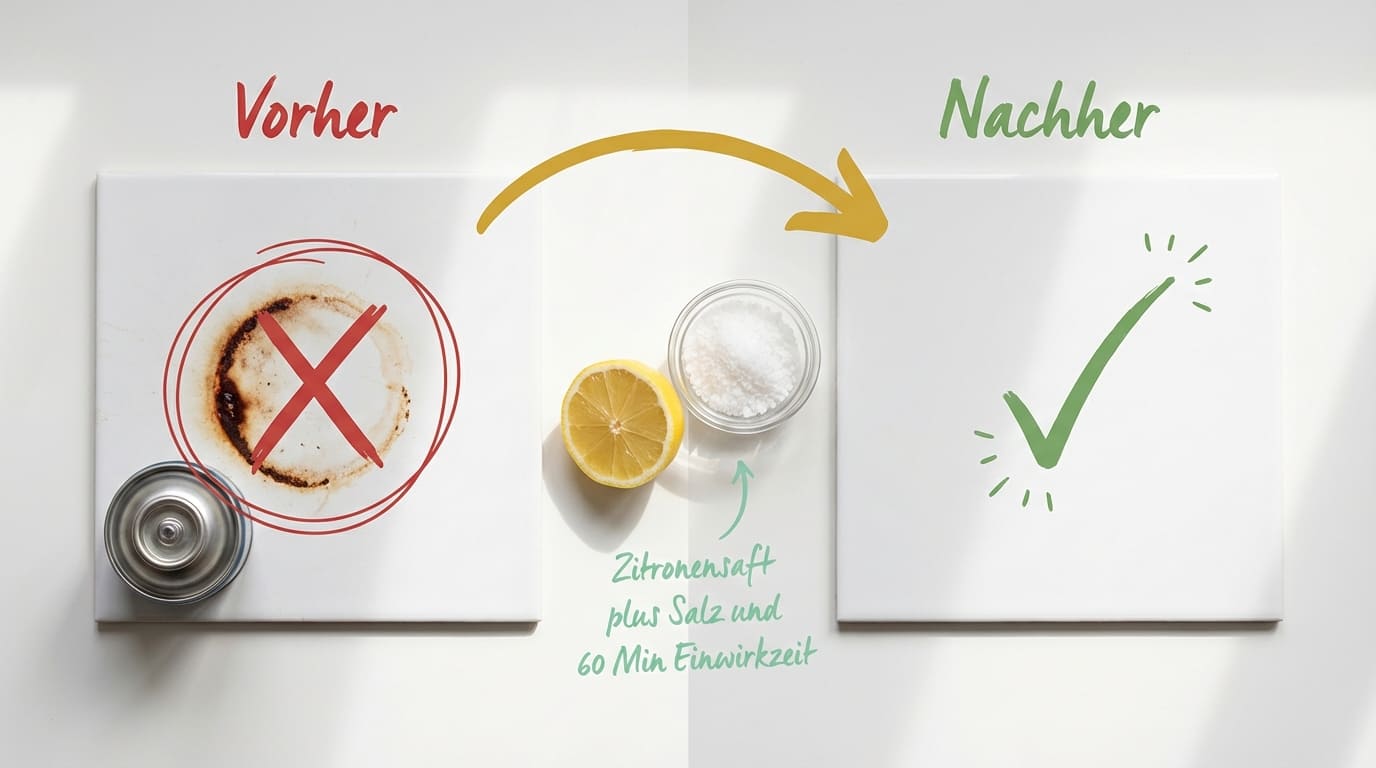 Rostflecken auf Fliesen entfernen – Vorher-Nachher-Vergleich einer weißen Fliese nach Behandlung mit Zitronensaft und Salz