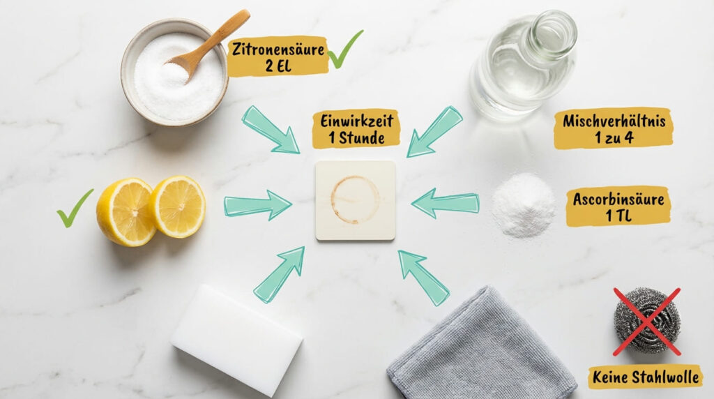 Rostflecken auf Kunststoff entfernen – Flat-Lay aller Hausmittel: Zitronensäure (2 EL), Essig (Mischverhältnis 1:4), Ascorbinsäure (1 TL), aufgeschnittene Zitrone, Schmutzradierer und Mikrofasertuch. Kunststoffplatte mit Rostfleck-Ring in der Mitte. Einwirkzeit 1 Stunde. Keine Stahlwolle verwenden (rotes X).