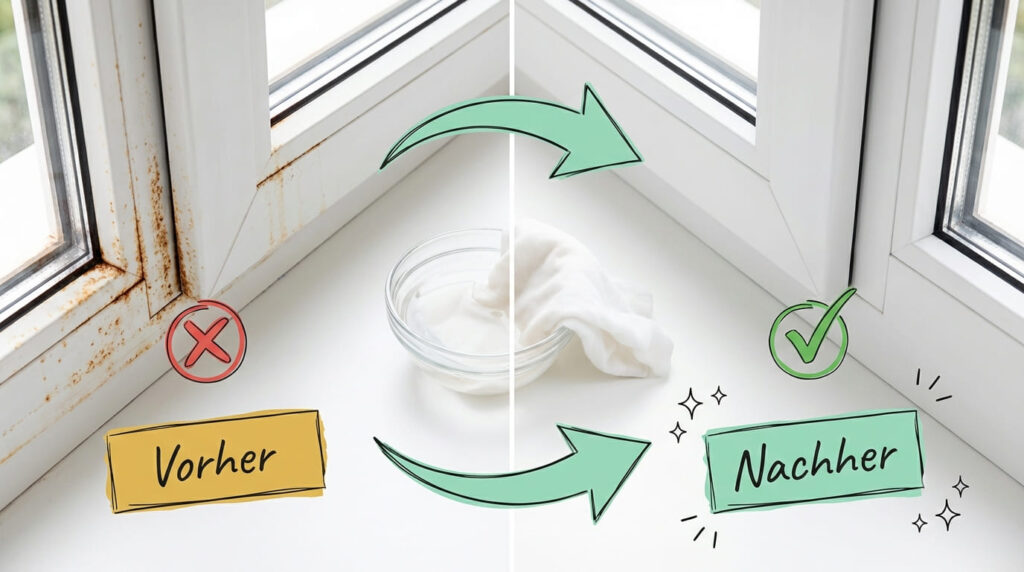Rostflecken auf Kunststoff entfernen – Vorher-Nachher-Vergleich eines weißen Kunststoff-Fensterrahmens: Links Rostflecken an Ecke und Falz (rotes X), rechts sauberer, weißer Rahmen nach Behandlung (grüner Haken). In der Mitte Glasschale mit Reinigungslösung und weißes Tuch.