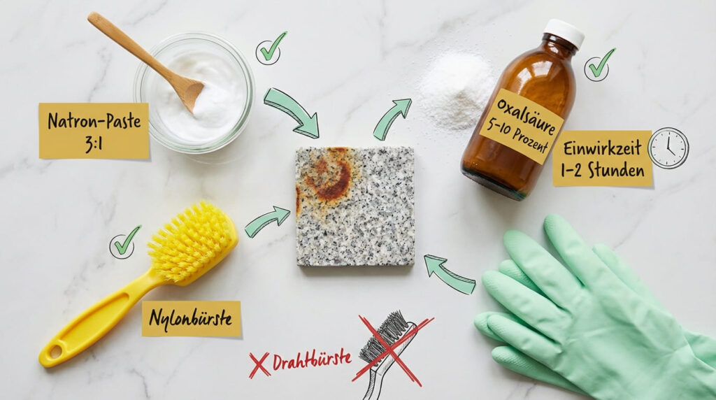Flat-Lay mit Methoden zum Rostflecken auf Stein entfernen &ndash; Natron-Paste im Mischverh&auml;ltnis 3 zu 1, Oxals&auml;ure 5 bis 10 Prozent, Nylonb&uuml;rste und Schutzhandschuhe um Granitstein mit Rostfleck, Einwirkzeit 1 bis 2 Stunden, Drahtb&uuml;rste mit rotem X