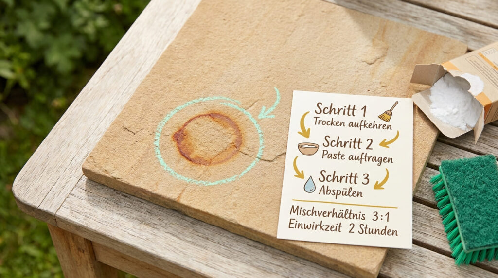 Schritt-f&uuml;r-Schritt-Anleitung Rostflecken auf Sandstein entfernen mit Backpulver-Paste &ndash; Schritt 1 trocken aufkehren, Schritt 2 Paste auftragen, Schritt 3 absp&uuml;len, Mischverh&auml;ltnis 3 zu 1 und 2 Stunden Einwirkzeit