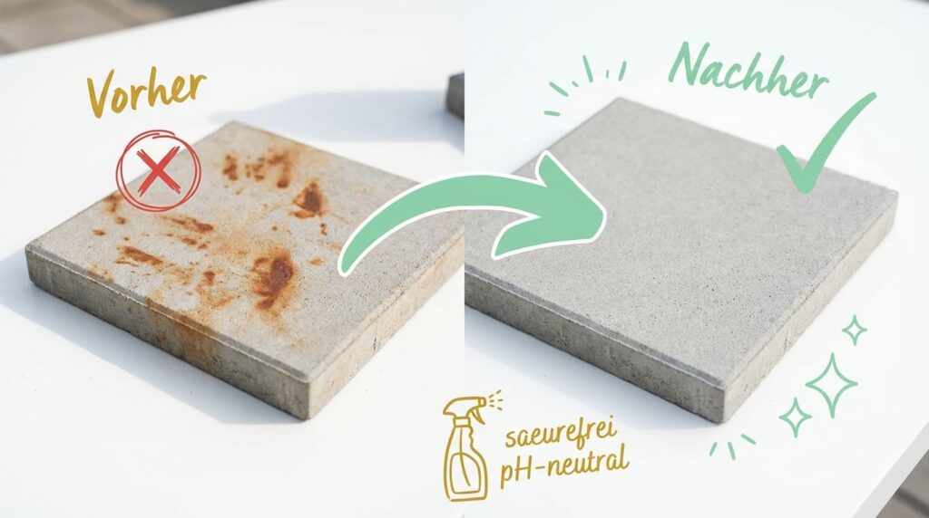 Vorher-Nachher-Vergleich Rostflecken auf Stein entfernen &ndash; links Betonplatte mit starken Rostflecken und rotem X, rechts saubere Platte mit gr&uuml;nem H&auml;kchen, Hinweis s&auml;urefrei und pH-neutral