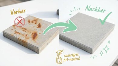 Vorher-Nachher-Vergleich Rostflecken auf Stein entfernen – links Betonplatte mit starken Rostflecken und rotem X, rechts saubere Platte mit grünem Häkchen, Hinweis säurefrei und pH-neutral
