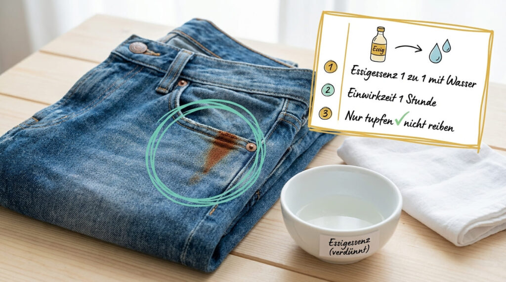 Rostflecken aus Jeans entfernen mit verd&uuml;nnter Essigessenz &ndash; Schritt-f&uuml;r-Schritt-Anleitung mit 1 Stunde Einwirkzeit
