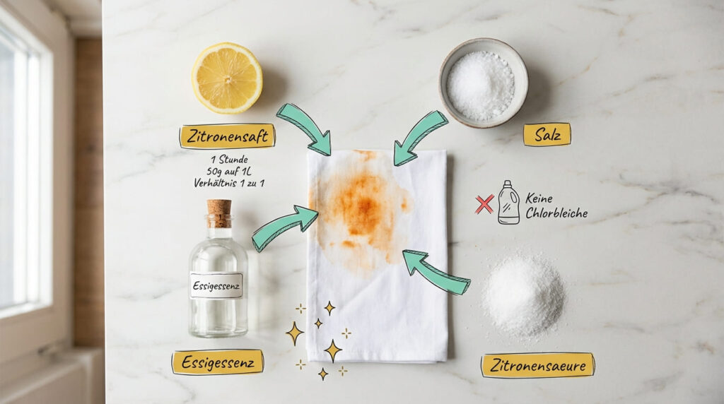 Rostflecken aus Kleidung entfernen &ndash; vier Hausmittel im &Uuml;berblick: Zitronensaft, Salz, Essigessenz und Zitronens&auml;ure