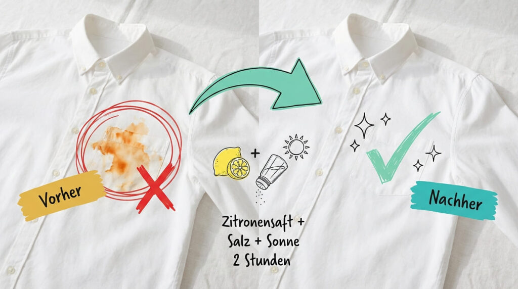 Rostflecken aus wei&szlig;em Hemd entfernen &ndash; Vorher-Nachher-Vergleich nach Behandlung mit Zitronensaft, Salz und Sonne