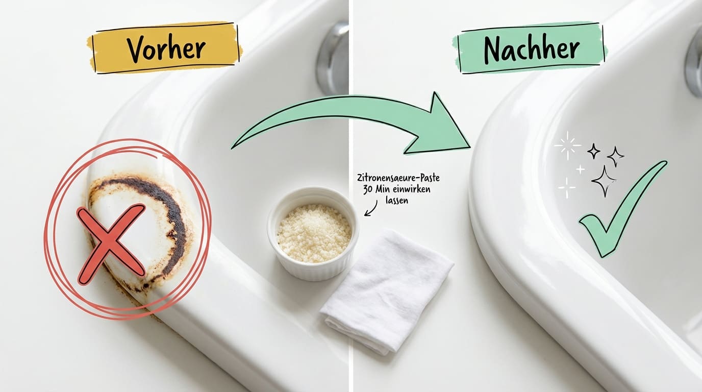 Rostflecken in der Badewanne entfernen – Vorher-Nachher-Vergleich mit Zitronensäure-Paste nach 30 Minuten Einwirkzeit