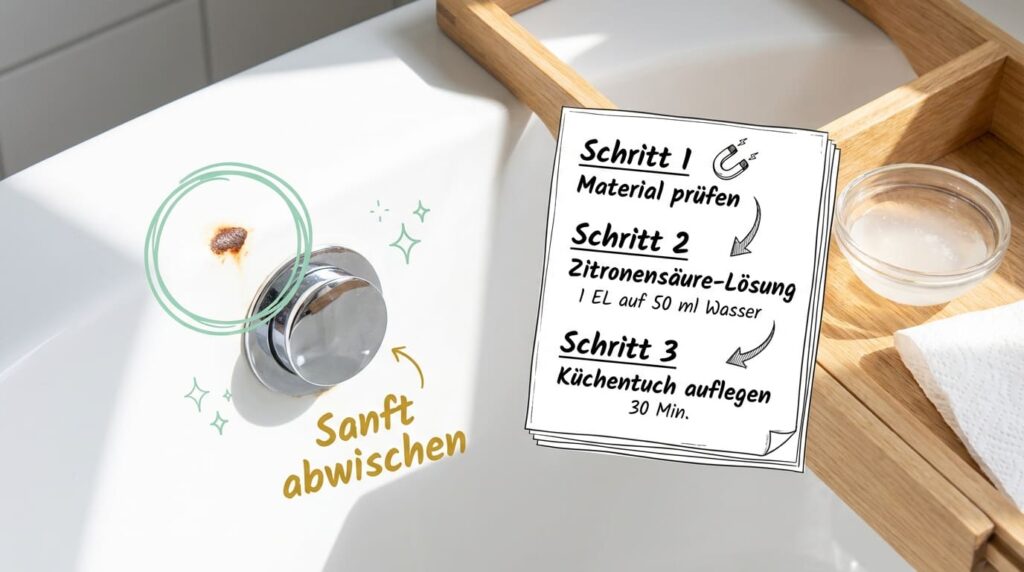 Rostfleck neben Badewannenabfluss entfernen &ndash; Schritt-f&uuml;r-Schritt-Anleitung mit Zitronens&auml;ure-L&ouml;sung und K&uuml;chentuch