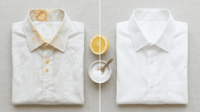 Rostflecken entfernen – Vorher-Nachher-Vergleich eines weißen Hemds nach Behandlung mit Zitrone und Salz