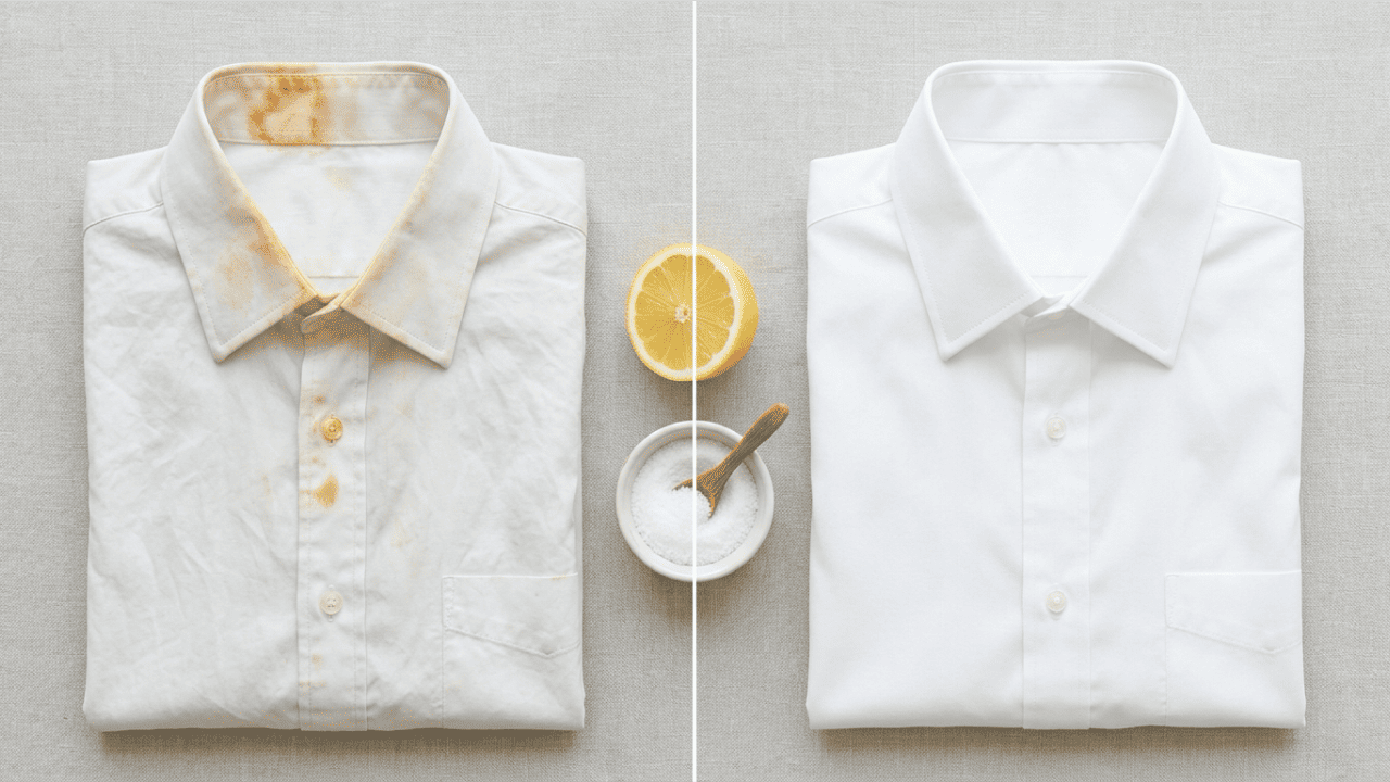 Rostflecken entfernen – Vorher-Nachher-Vergleich eines weißen Hemds nach Behandlung mit Zitrone und Salz
