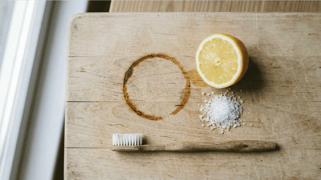 Rostflecken entfernen mit Zitrone und Salz &ndash; ringf&ouml;rmiger Rostfleck auf Holzbrett wird mit Zahnb&uuml;rste und grobem Salz behandelt
