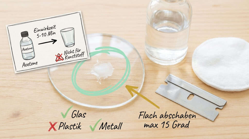 Sekundenkleber entfernen von Glas mit Aceton und Rasierklinge &ndash; 5&ndash;10 Minuten Einwirkzeit, flach abschaben im 15-Grad-Winkel