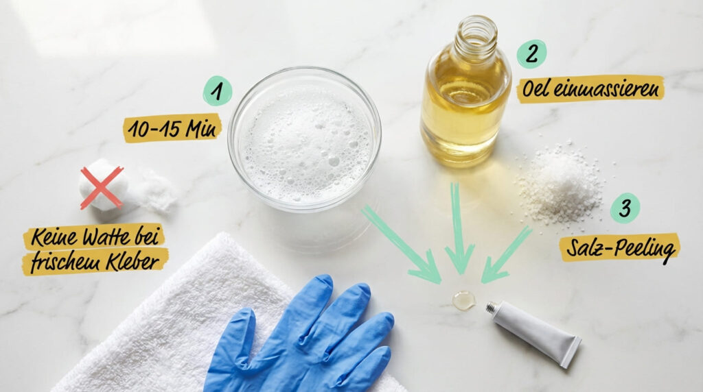 Sekundenkleber entfernen von Haut &ndash; drei Schritte: Seifenwasser einweichen (10&ndash;15 Min), &Ouml;l einmassieren und Salz-Peeling anwenden