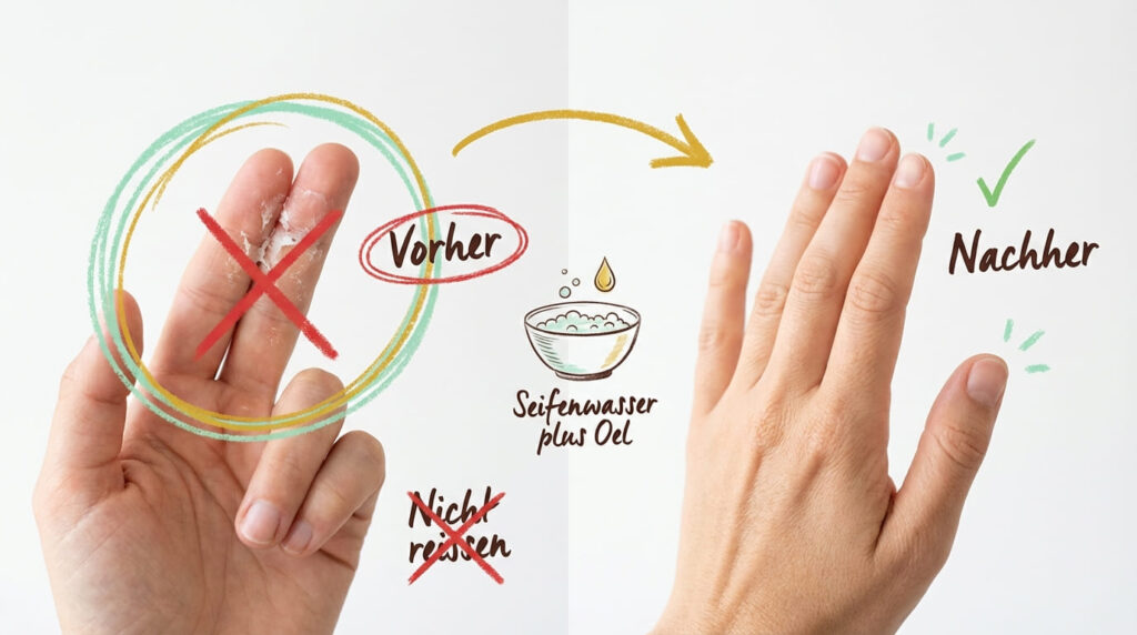 Sekundenkleber entfernen von Fingern &ndash; Vorher-Nachher-Vergleich nach Behandlung mit Seifenwasser und &Ouml;l, nicht rei&szlig;en