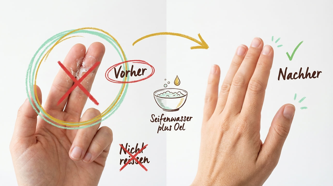 Sekundenkleber entfernen von Fingern – Vorher-Nachher-Vergleich nach Behandlung mit Seifenwasser und Öl, nicht reißen