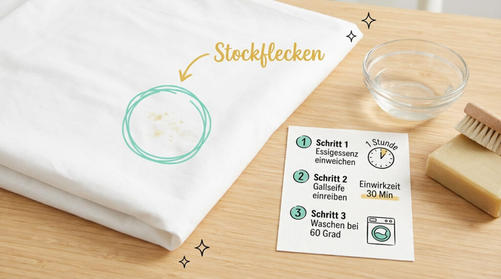 Stockflecken entfernen mit Gallseife &ndash; wei&szlig;er Stoff mit Stockflecken auf Holztisch, daneben Gallseife, B&uuml;rste, Glasschale mit Essigessenz. Anleitung: Schritt 1 Essigessenz einweichen (1 Stunde), Schritt 2 Gallseife einreiben (30 Min. Einwirkzeit), Schritt 3 Waschen bei 60 Grad.