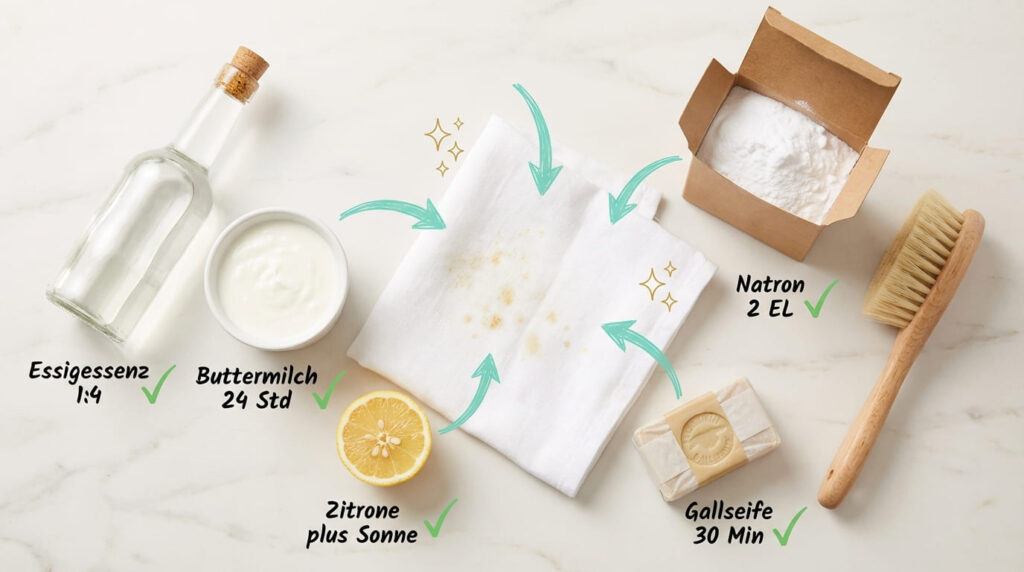 Stockflecken entfernen &ndash; &Uuml;bersicht aller Hausmittel: Essigessenz (1:4), Buttermilch (24 Std.), Zitrone plus Sonne, Gallseife (30 Min.), Natron (2 EL) und B&uuml;rste. In der Mitte wei&szlig;er Stoff mit Stockflecken. Alle Mittel mit gr&uuml;nem H&auml;kchen markiert.