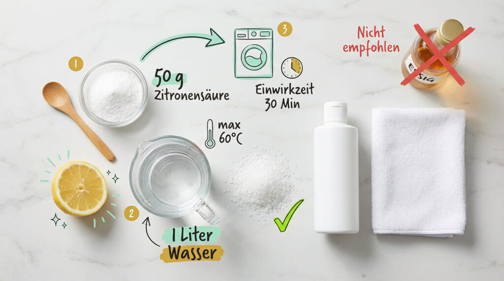 Waschmaschine entkalken &ndash; Flat-Lay aller Mittel: (1) 50 g Zitronens&auml;ure in Glasschale mit Holzl&ouml;ffel, (2) 1 Liter Wasser und halbe Zitrone, (3) Waschmaschine bei max. 60 &deg;C mit 30 Minuten Einwirkzeit. Dazu Entkalker-Flasche, Salzkristalle und wei&szlig;es Tuch. Essig ist nicht empfohlen (rotes X).