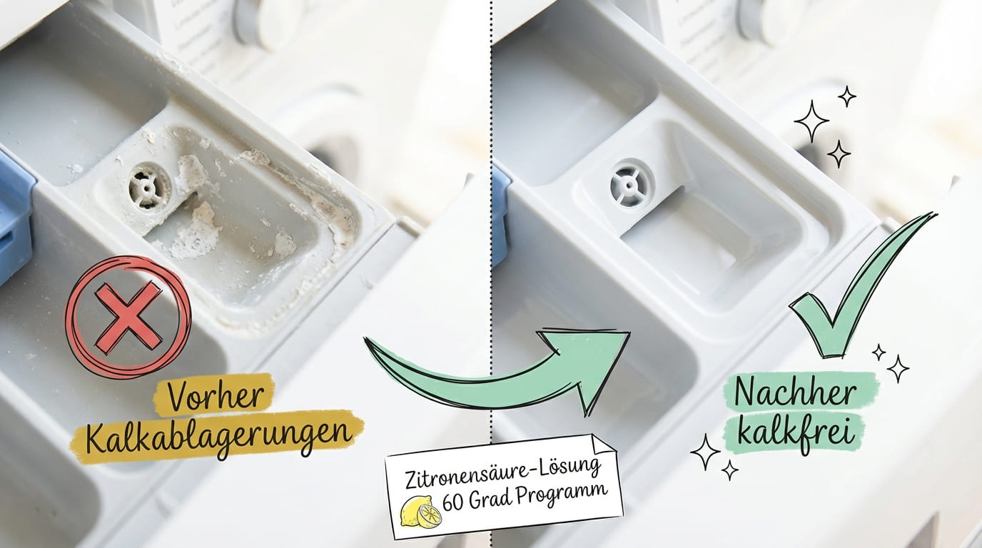 Waschmaschine entkalken – Vorher-Nachher-Vergleich des Waschmittelfachs: Links starke Kalkablagerungen (rotes X), rechts sauberes, kalkfreies Fach nach Behandlung (grüner Haken). Methode: Zitronensäure-Lösung im 60-Grad-Programm.