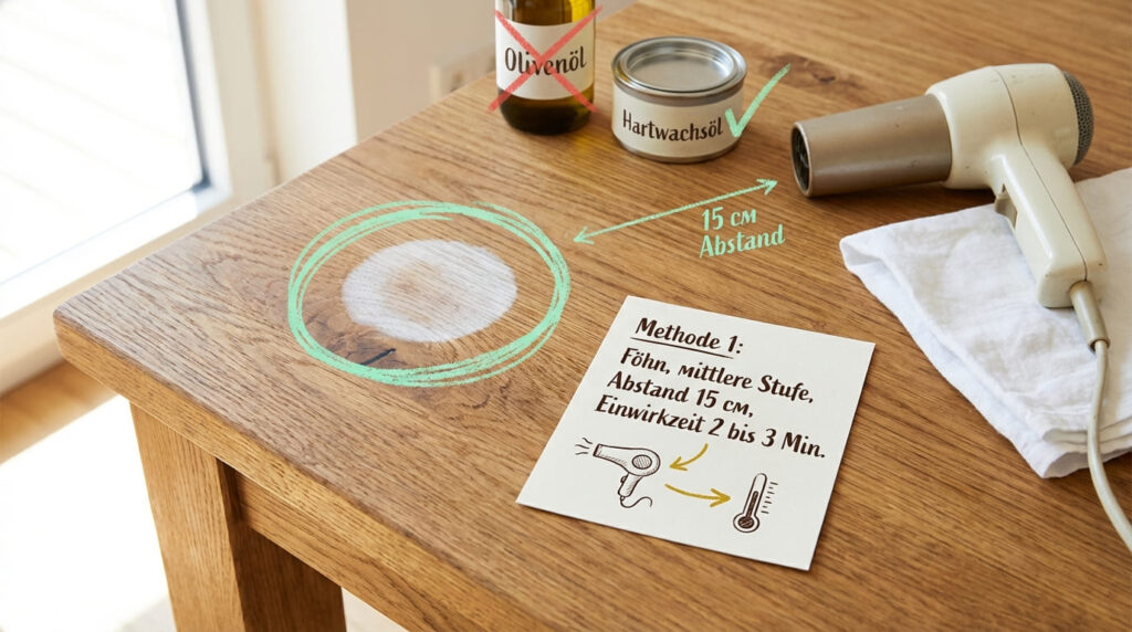 Wasserflecken auf Holz entfernen mit F&ouml;hn &ndash; Eichenholztisch mit wei&szlig;em Wasserfleck-Ring, daneben F&ouml;hn auf Tuch, Hartwachs&ouml;l-Dose und Oliven&ouml;l-Flasche (durchgestrichen). Anleitung Methode 1: F&ouml;hn auf mittlerer Stufe, 15 cm Abstand, Einwirkzeit 2&ndash;3 Minuten. Hartwachs&ouml;l empfohlen, Oliven&ouml;l nicht geeignet.