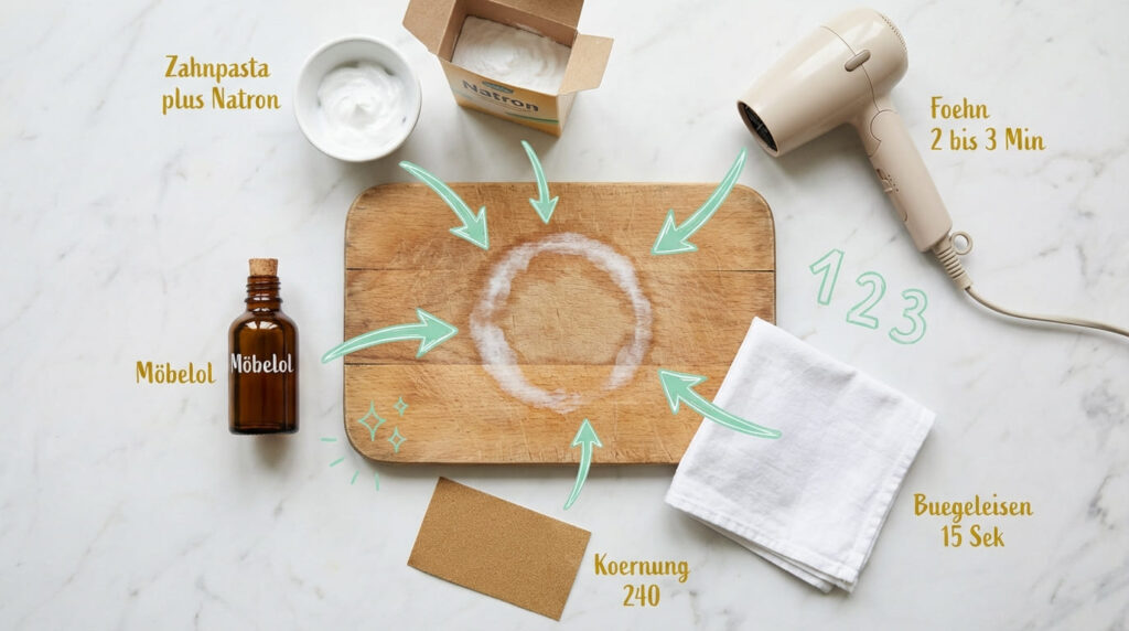 Wasserflecken auf Holz entfernen &ndash; Flat-Lay aller Hausmittel: Zahnpasta plus Natron, F&ouml;hn (2&ndash;3 Min.), B&uuml;geleisen mit Tuch (15 Sek.), Schleifpapier K&ouml;rnung 240, M&ouml;bel&ouml;l in brauner Flasche. Holzbrett mit wei&szlig;em Wasserfleck-Ring in der Mitte. Drei nummerierte Schritte (1, 2, 3).