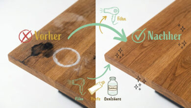 Wasserflecken auf Holz entfernen – Vorher-Nachher-Vergleich: Links Eichenholzbrett mit dunklem und weißem Wasserfleck (rotes X), rechts saubere, fleckenfreie Holzoberfläche nach Behandlung (grüner Haken). Drei Methoden: Föhn für weiße Flecken, Paste für mittlere Flecken, Oxalsäure für dunkle Flecken.