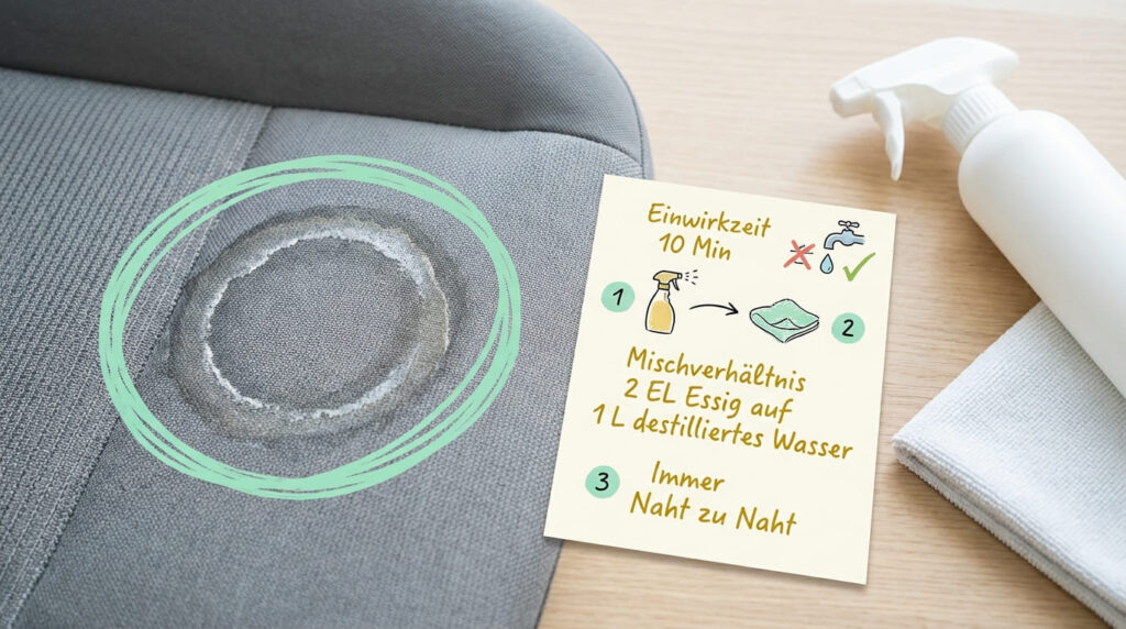 Wasserflecken auf Autositz entfernen mit Essig &ndash; grauer Stoffsitz mit kreisrundem Wasserfleck, daneben Spr&uuml;hflasche und Mikrofasertuch. Anleitung: (1) Essigwasser aufspr&uuml;hen, (2) mit Tuch abtupfen, (3) immer Naht zu Naht arbeiten. Mischverh&auml;ltnis 2 EL Essig auf 1 Liter destilliertes Wasser, 10 Minuten Einwirkzeit. Kein Leitungswasser verwenden.