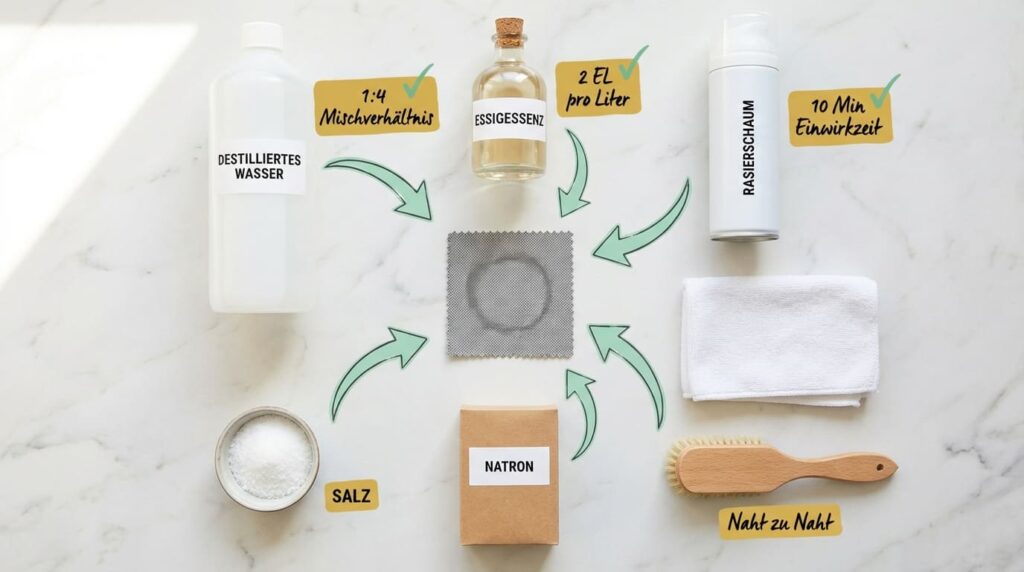 Wasserflecken auf Autositz entfernen &ndash; Flat-Lay aller Hausmittel: Destilliertes Wasser (1:4 Mischverh&auml;ltnis), Essigessenz (2 EL pro Liter), Rasierschaum (10 Min. Einwirkzeit), Natron, Salz, Mikrofasertuch und B&uuml;rste. In der Mitte ein graues Stoffst&uuml;ck mit Wasserfleck. Immer Naht zu Naht arbeiten.