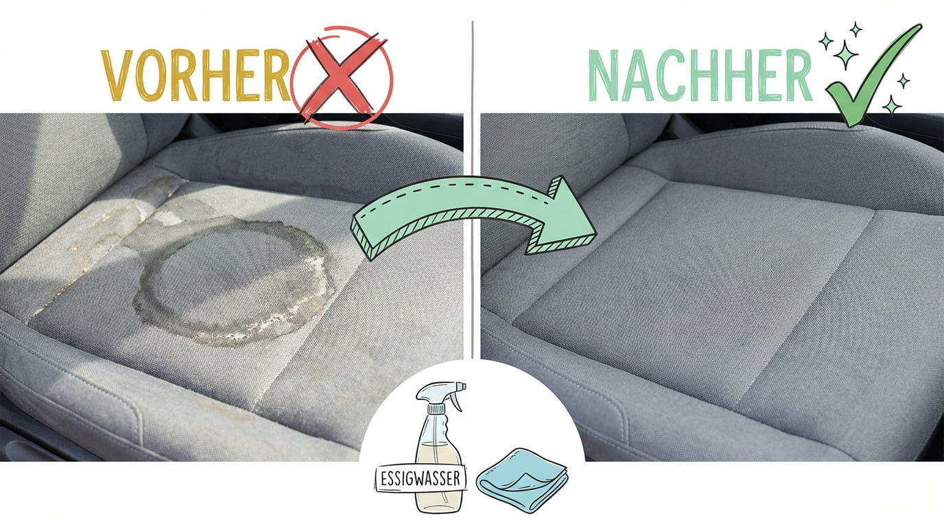 Wasserflecken auf Autositz entfernen – Vorher-Nachher-Vergleich: Links grauer Stoff-Autositz mit deutlichem Wasserfleck und Kalkrand (rotes X), rechts sauberer, fleckenfreier Sitz nach Behandlung (grüner Haken). Methode: Essigwasser-Sprühflasche und Mikrofasertuch.