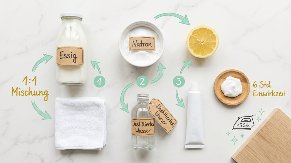 Wasserflecken entfernen &ndash; Flat-Lay aller Hausmittel in drei Schritten: (1) Essig (1:1 Mischung) mit wei&szlig;em Tuch, (2) Natron und destilliertes Wasser, (3) Zitrone, Zahnpasta-Tube mit Schaum auf Holzschale (6 Stunden Einwirkzeit). Dazu B&uuml;geleisen-Trick (15 Sek.) und Holzbrett. Mintgr&uuml;ne Pfeile zeigen die Reihenfolge.