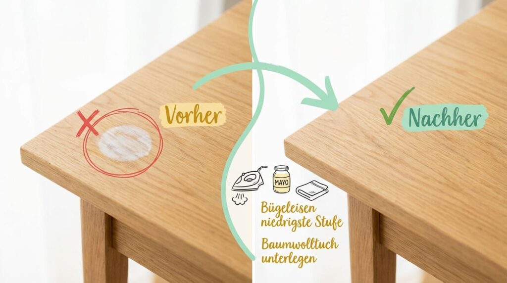 Wasserflecken entfernen &ndash; Vorher-Nachher-Vergleich auf Holztisch: Links wei&szlig;er Wasserfleck-Ring auf Eichenholz (rotes X), rechts saubere, fleckenfreie Holzoberfl&auml;che nach Behandlung (gr&uuml;ner Haken). Methode: B&uuml;geleisen auf niedrigster Stufe, Mayonnaise und Baumwolltuch unterlegen.