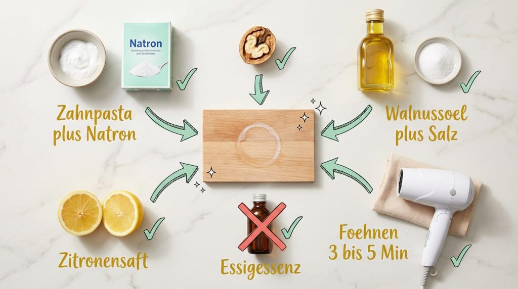 Wasserflecken auf Holztisch entfernen &ndash; Flat-Lay aller Hausmittel: Zahnpasta plus Natron, Walnuss, Walnuss&ouml;l plus Salz, F&ouml;hn (3&ndash;5 Min.), Zitronensaft. Holzbrett mit wei&szlig;em Wasserfleck-Ring in der Mitte. Essigessenz ist als ungeeignet durchgestrichen (rotes X).