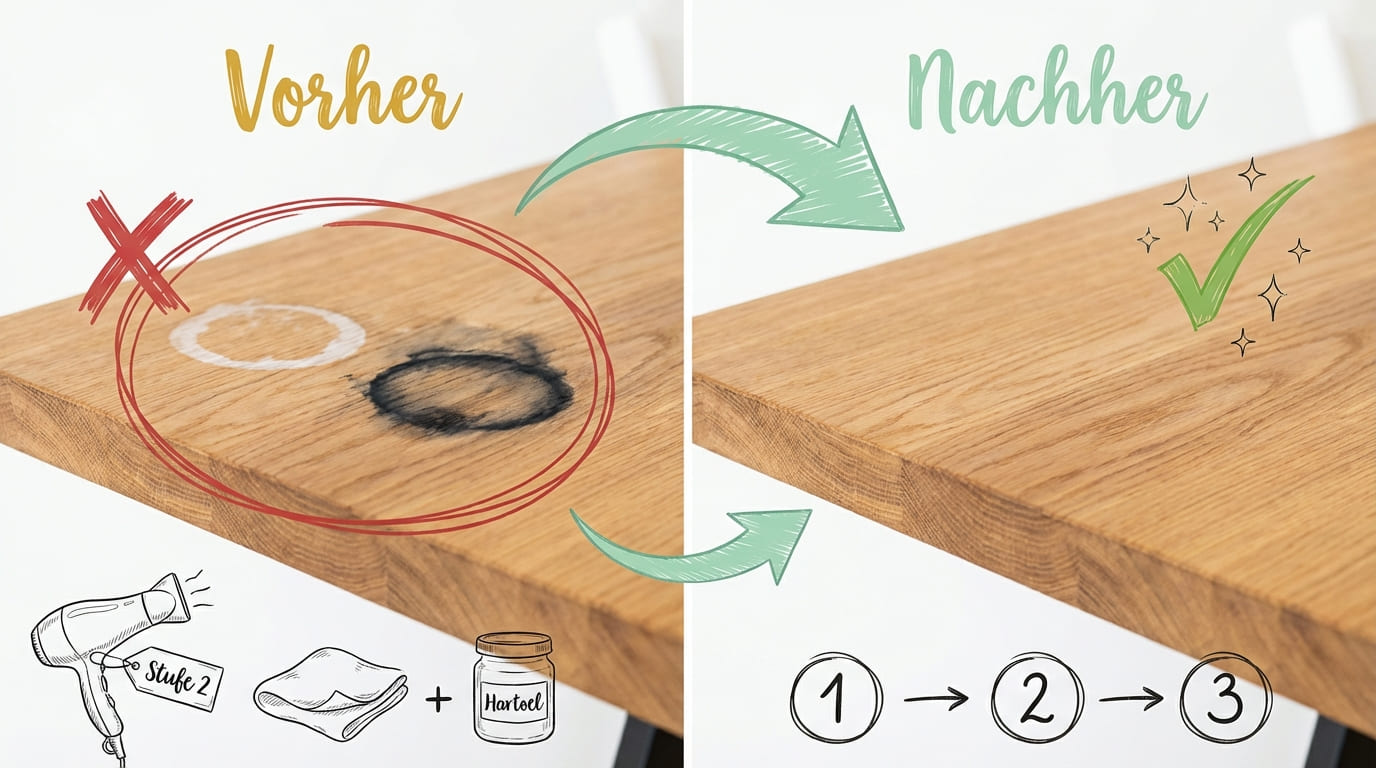 Wasserflecken auf Holztisch entfernen – Vorher-Nachher-Vergleich: Links Eichenholz-Tischplatte mit weißem und dunklem Wasserfleck (rotes X), rechts saubere, fleckenfreie Holzoberfläche nach Behandlung (grüner Haken). Drei Schritte: Föhnen (Stufe 2), Tuch und Hartöl.