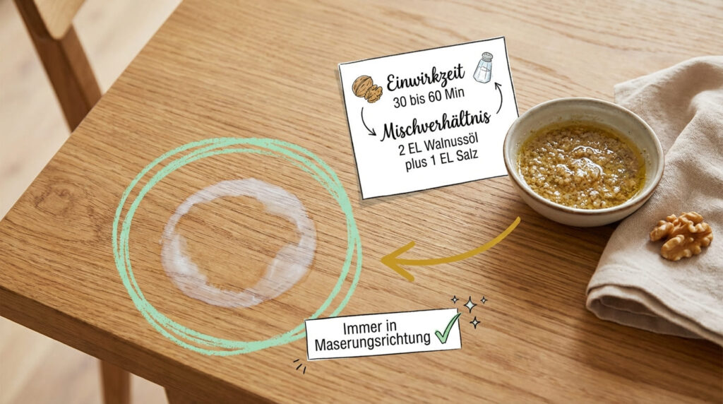 Wasserflecken auf Holztisch entfernen mit Walnuss&ouml;l und Salz &ndash; heller Eichenholztisch mit wei&szlig;em Wasserfleck-Ring, daneben Schale mit Walnuss&ouml;l-Salz-Mischung, Waln&uuml;sse und Leinentuch. Anleitung: 2 EL Walnuss&ouml;l plus 1 EL Salz mischen, 30&ndash;60 Minuten Einwirkzeit, immer in Maserungsrichtung einreiben.