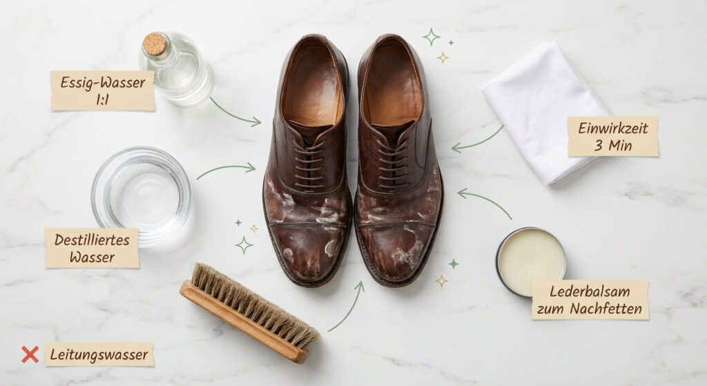 Wasserflecken auf Leder entfernen &ndash; Flat-Lay der Mittel: Essig-Wasser (1:1), destilliertes Wasser in Glasschale, wei&szlig;es Tuch (3 Min. Einwirkzeit), Schuhb&uuml;rste und Lederbalsam zum Nachfetten. Braune Lederschuhe mit sichtbaren Wasserflecken in der Mitte. Kein Leitungswasser verwenden.