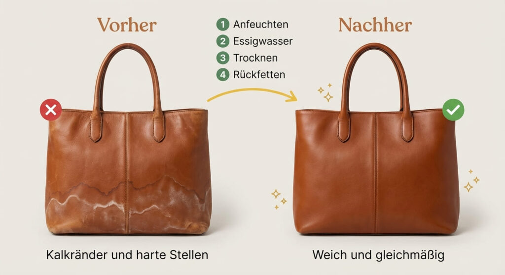 Wasserflecken auf Leder entfernen &ndash; Vorher-Nachher-Vergleich einer braunen Ledertasche: Links Kalkr&auml;nder und harte Stellen durch Wasserflecken (rotes X), rechts weiches, gleichm&auml;&szlig;iges Leder nach Behandlung (gr&uuml;ner Haken). Vier Schritte: Anfeuchten, Essigwasser, Trocknen, R&uuml;ckfetten.