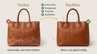 Wasserflecken auf Leder entfernen – Vorher-Nachher-Vergleich einer braunen Ledertasche: Links Kalkränder und harte Stellen durch Wasserflecken (rotes X), rechts weiches, gleichmäßiges Leder nach Behandlung (grüner Haken). Vier Schritte: Anfeuchten, Essigwasser, Trocknen, Rückfetten.