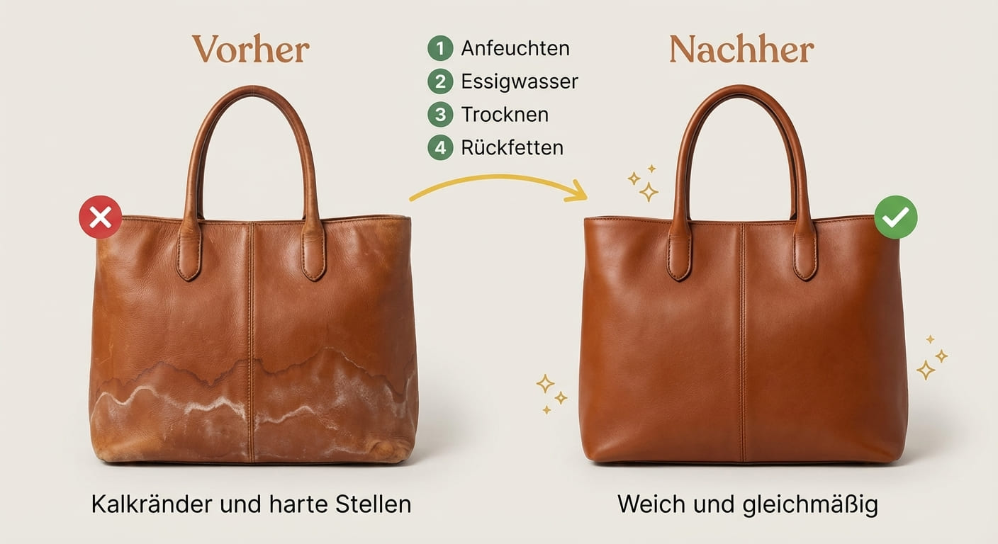 Wasserflecken auf Leder entfernen – Vorher-Nachher-Vergleich einer braunen Ledertasche: Links Kalkränder und harte Stellen durch Wasserflecken (rotes X), rechts weiches, gleichmäßiges Leder nach Behandlung (grüner Haken). Vier Schritte: Anfeuchten, Essigwasser, Trocknen, Rückfetten.