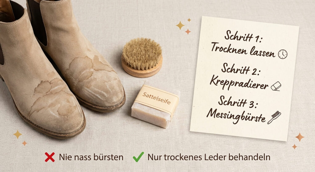 Wasserflecken auf Wildleder entfernen &ndash; beige Wildleder-Stiefeletten mit Wasserflecken, daneben Sattelseife und runde B&uuml;rste. Anleitung: Schritt 1 Trocknen lassen, Schritt 2 Kreppradierer verwenden, Schritt 3 Messingb&uuml;rste aufrauen. Nie nass b&uuml;rsten, nur trockenes Leder behandeln.
