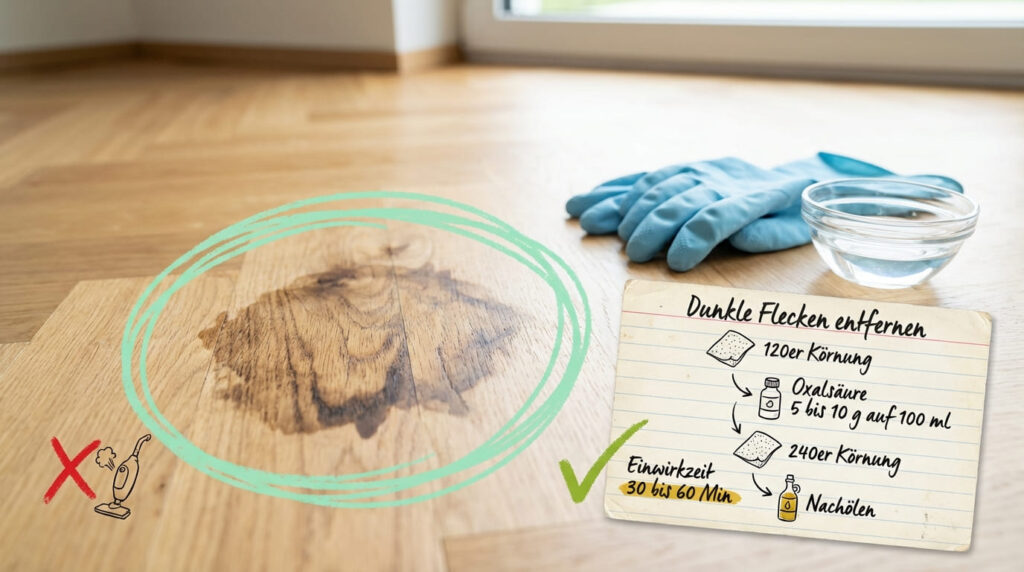 Wasserflecken auf Parkett entfernen &ndash; dunkler Wasserfleck auf hellem Eichenparkett, daneben Schutzhandschuhe und Glasschale. Anleitung f&uuml;r dunkle Flecken: Mit 120er K&ouml;rnung anschleifen, Oxals&auml;ure (5&ndash;10 g auf 100 ml) auftragen, 30&ndash;60 Minuten einwirken lassen, mit 240er K&ouml;rnung nachschleifen und nach&ouml;len. Keinen Dampfreiniger verwenden.