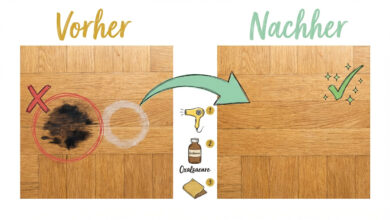 Wasserflecken auf Parkett entfernen – Vorher-Nachher-Vergleich: Links Eichenparkett mit dunklem und weißem Wasserfleck (rotes X), rechts sauberes, fleckenfreies Parkett nach Behandlung (grüner Haken). Drei Schritte: (1) Föhnen, (2) Oxalsäure, (3) Schleifen.