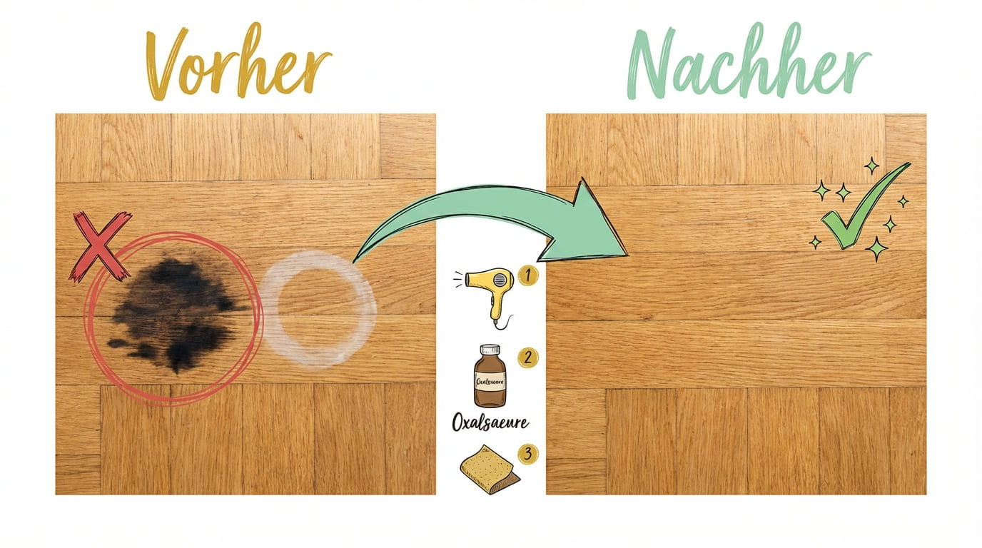 Wasserflecken auf Parkett entfernen – Vorher-Nachher-Vergleich: Links Eichenparkett mit dunklem und weißem Wasserfleck (rotes X), rechts sauberes, fleckenfreies Parkett nach Behandlung (grüner Haken). Drei Schritte: (1) Föhnen, (2) Oxalsäure, (3) Schleifen.