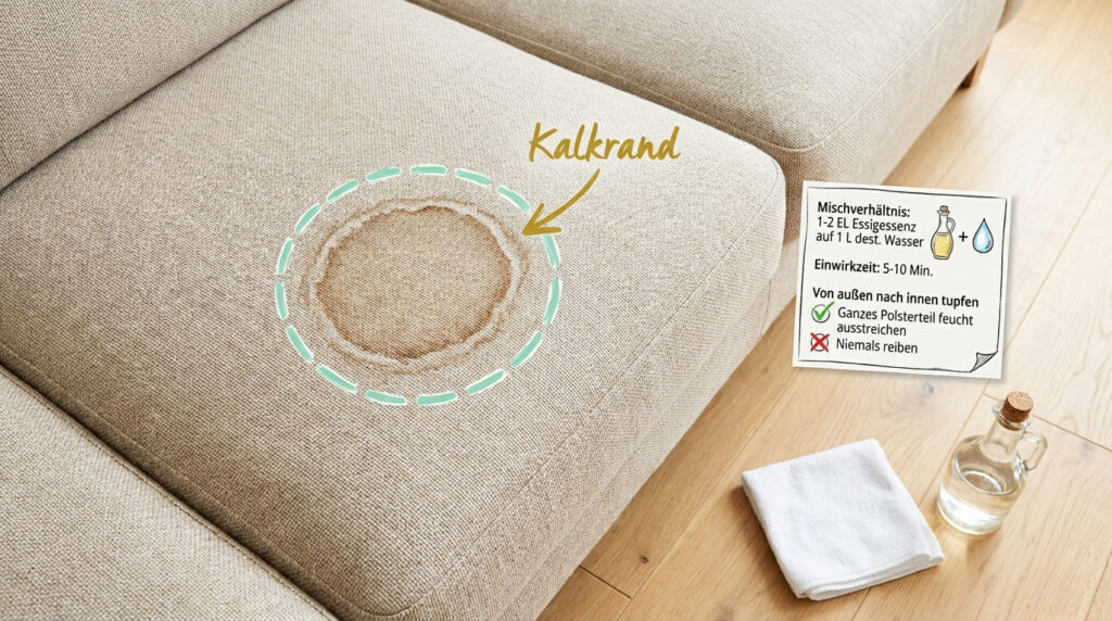 Wasserflecken auf Sofa entfernen mit Essig – helles Stoffsofa mit rundem Wasserfleck und sichtbarem Kalkrand, daneben Essigflasche und weißes Tuch. Anleitung: 1–2 EL Essigessenz auf 1 Liter destilliertes Wasser, 5–10 Minuten Einwirkzeit, von außen nach innen tupfen. Ganzes Polsterteil feucht ausstreichen, niemals reiben.