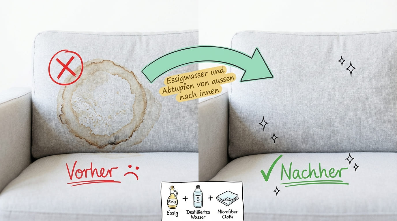 Wasserflecken auf Sofa entfernen – Vorher-Nachher-Vergleich: Links helles Sofa mit großem rundem Wasserfleck und Kalkrand auf dem Kissen (rotes X), rechts sauberes, fleckenfreies Polster nach Behandlung (grüner Haken). Methode: Essigwasser und Abtupfen von außen nach innen.