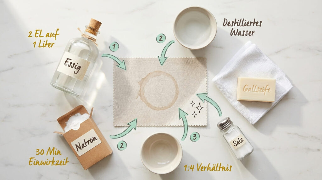 Wasserflecken auf Polster entfernen – Flat-Lay aller Hausmittel: (1) Essig (2 EL auf 1 Liter), (2) destilliertes Wasser und Natron (30 Min. Einwirkzeit), (3) Salz (1:4 Verhältnis) und Gallseife. In der Mitte ein Stoffstück mit kreisrundem Wasserfleck. Dazu weißes Tuch und Keramikschalen.
