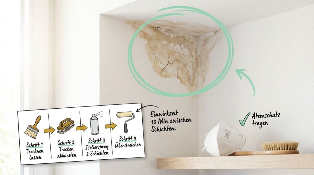 Wasserflecken an der Decke &uuml;berstreichen &ndash; schwerer Wasserschaden mit abbl&auml;tterndem Putz in der Zimmerecke. Anleitung in 4 Schritten: Trocknen lassen, trocken abb&uuml;rsten, Isolierspray in 2 Schichten (10 Min. zwischen Schichten), &uuml;berstreichen. Atemschutz tragen.