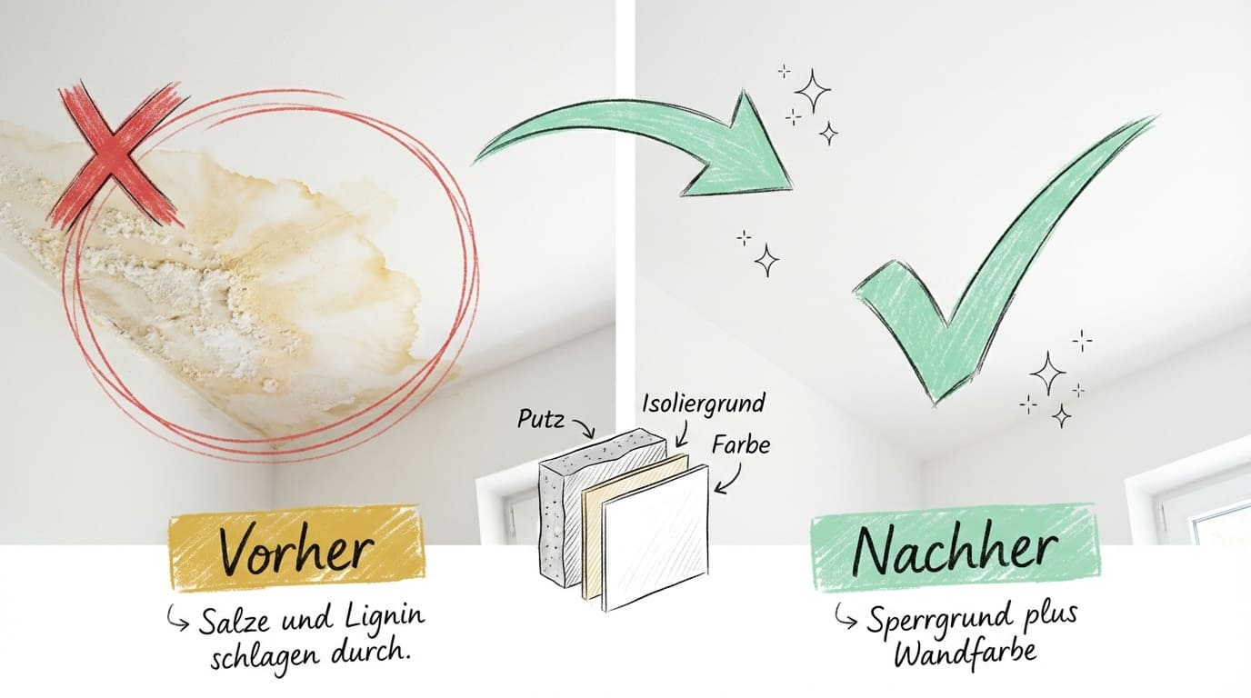 Wasserflecken an Wand und Decke entfernen – Vorher-Nachher-Vergleich: Links Zimmerdecke mit gelblichem Wasserfleck und abblätterndem Putz (rotes X), rechts saubere, weiße Decke nach Behandlung (grüner Haken). Illustration zeigt Schichtaufbau: Putz, Isoliergrund, Farbe. Salze und Lignin schlagen ohne Sperrgrund durch.